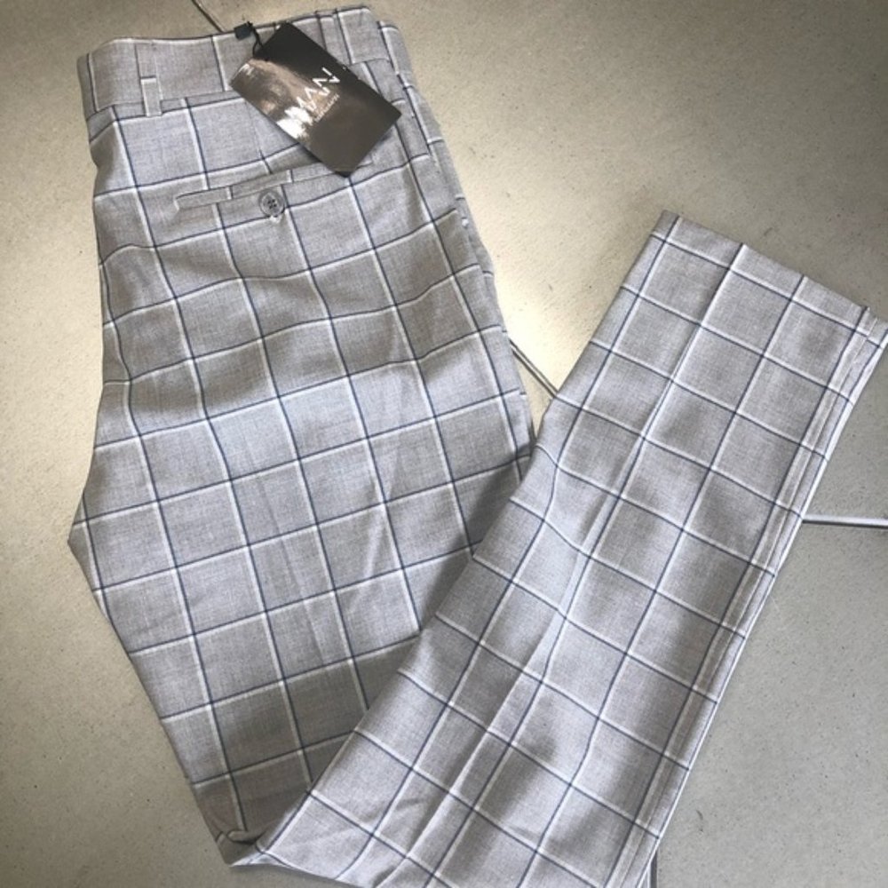 boohooMAN grey windowpane smart formal trouser 32